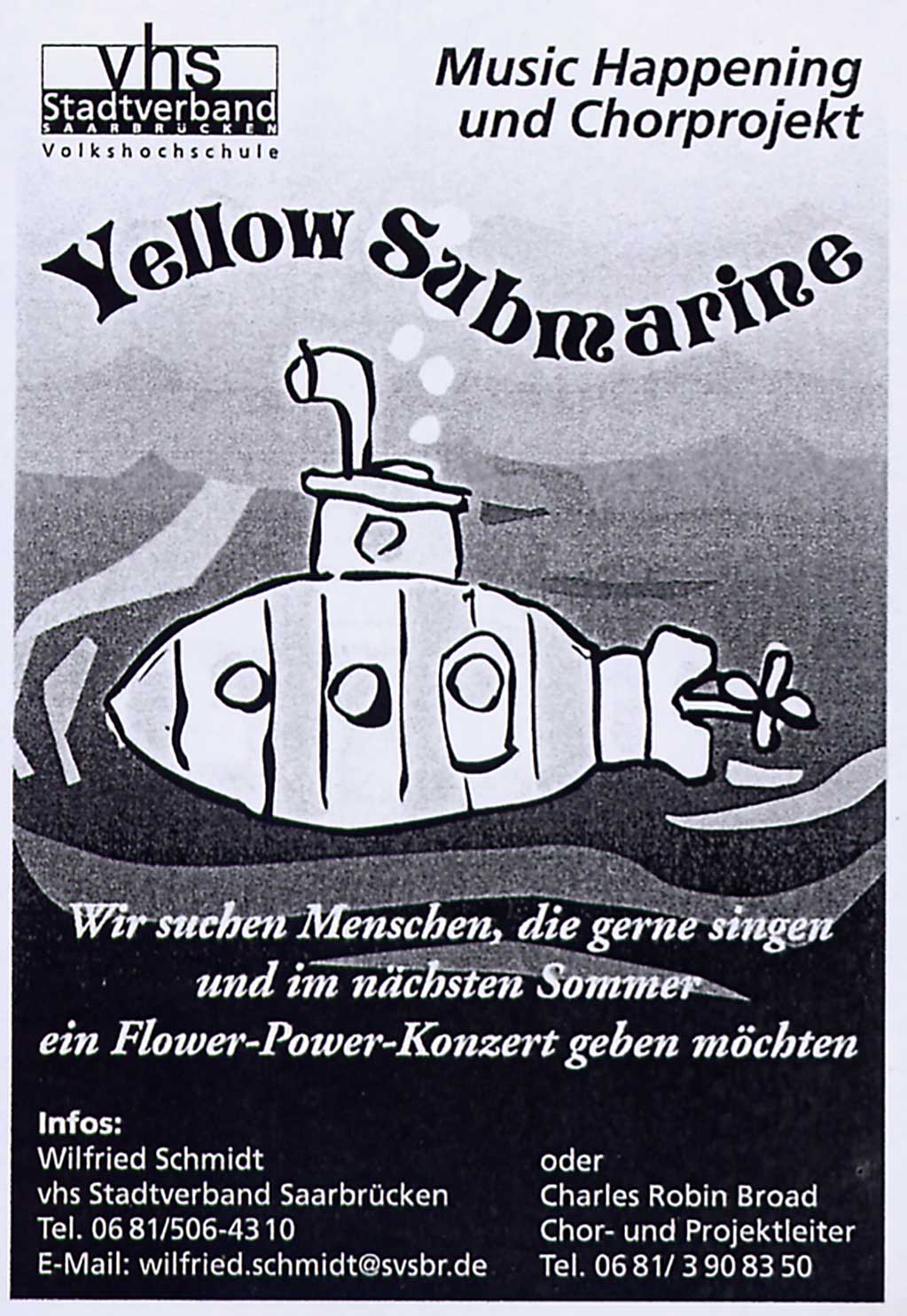 Ein Flyer mit einem U-Boot und einer Einladung zum Singen im Chor